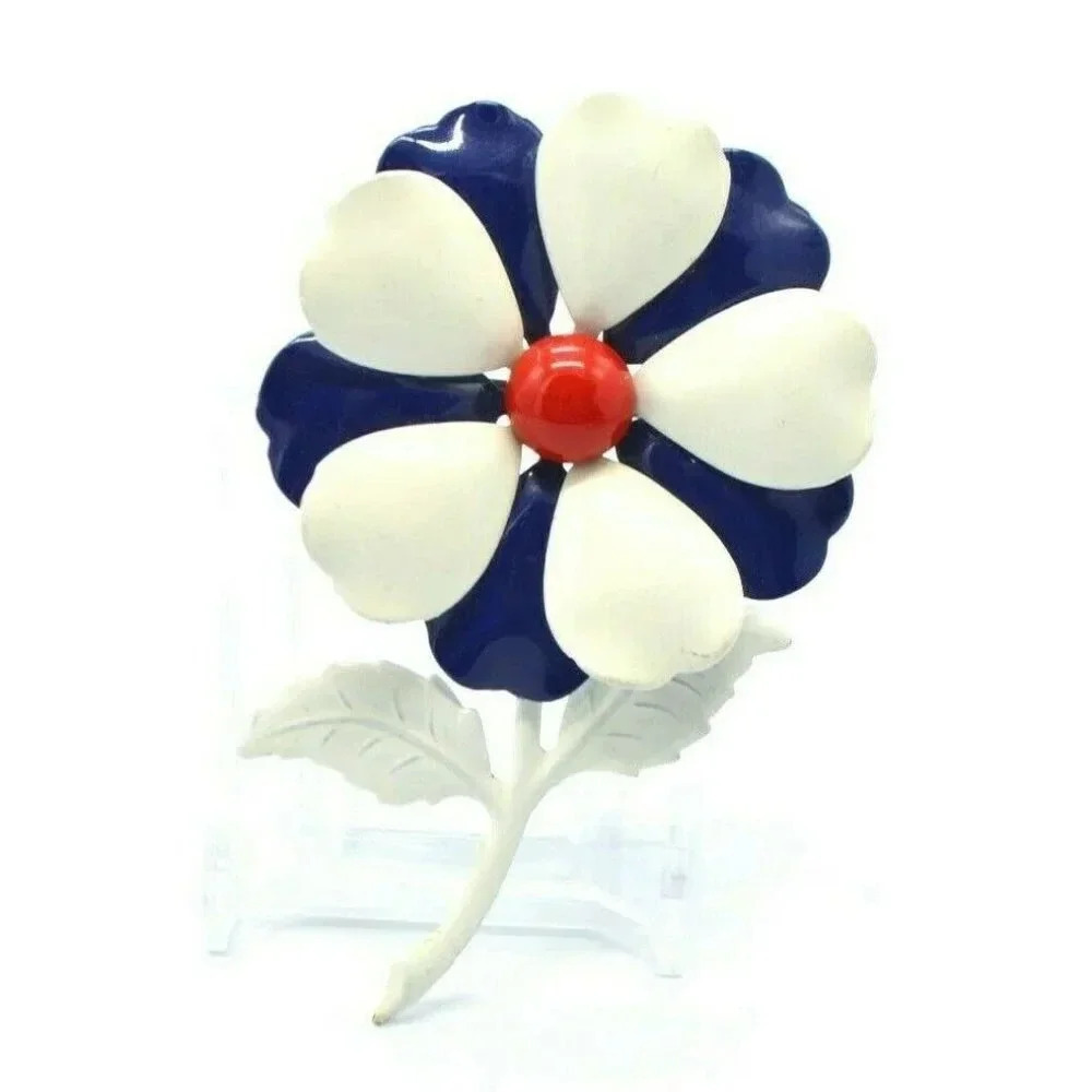 Red White Blue Enamel Flower Mid Century Flower Po